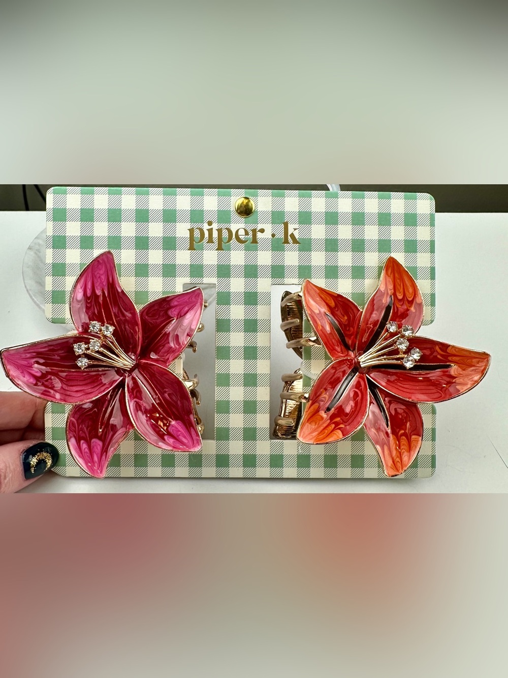 NWT Piper K Pink Orange Enamel Lily Flower Hair Claw Clips Set of 2